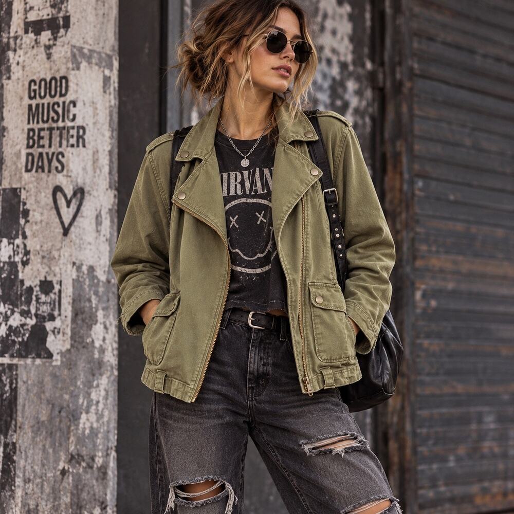 Y2K Forever 21 Canvas Utility Coat Sz S Olive Grunge Military Indie Sleaze Zip